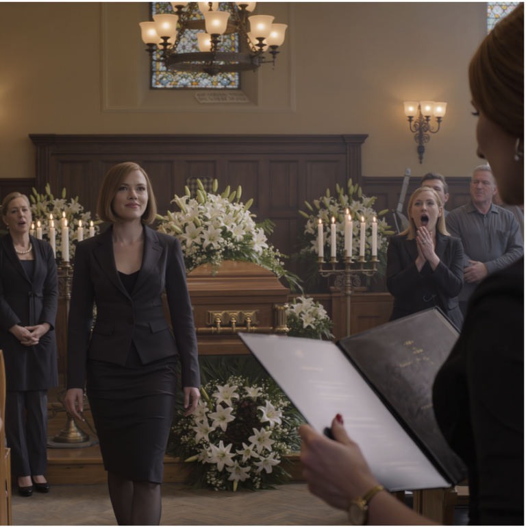 Les funérailles de mon mari étaient bondées de proches qui murmuraient comme dans un tribunal, l'air était saturé d'une odeur de lys… puis ma fille s'est approchée du cercueil, m'a fixée du regard et a craché : « C'est toi qui devrais être dedans, maman. » — Je suis restée silencieuse… et 7 jours plus tard, un coup de téléphone l'a fait pâlir.