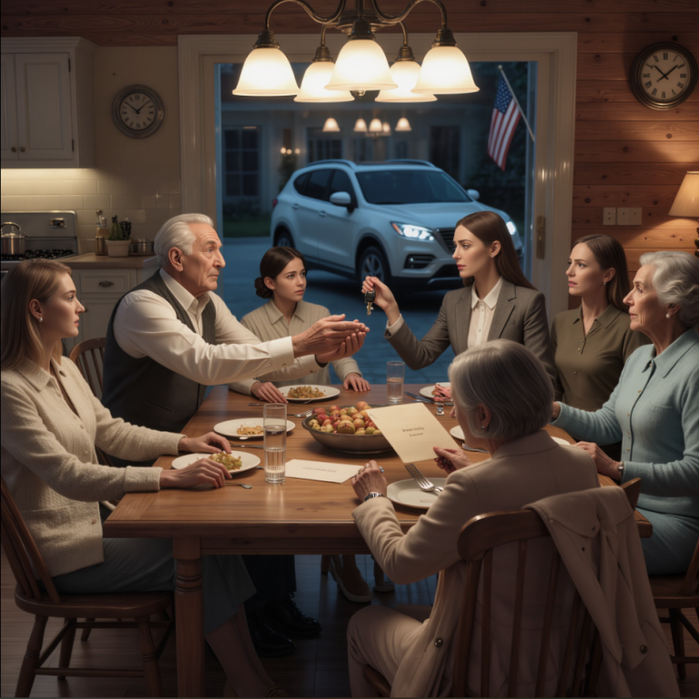 Mon grand-père demanda, surpris : « Pourquoi es-tu venu en taxi ? Qu’est-il arrivé au SUV que nous t’avions offert pour tes 25 ans ? » Avant que je puisse répondre, ma mère sourit et dit : « Cette voiture appartient maintenant à sa sœur. » Un silence complet s’installa à table. Puis, grand-père fit quelque chose qui laissa tout le monde stupéfait.