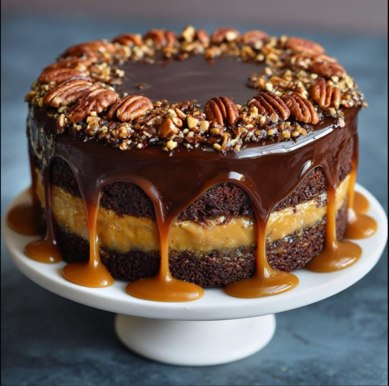 Gâteau à étages au chocolat, caramel et noix de pécan