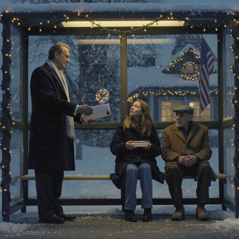 J’ai donné mon seul repas à un inconnu tremblant à un arrêt de bus, ignorant qu’il s’agissait d’un milliardaire qui me faisait passer un test. Trois semaines plus tard, il a fait irruption au gala de charité de mon beau-père avec des résultats de test confidentiels et un sombre secret qui allait bouleverser ma famille et changer ma vie à jamais…