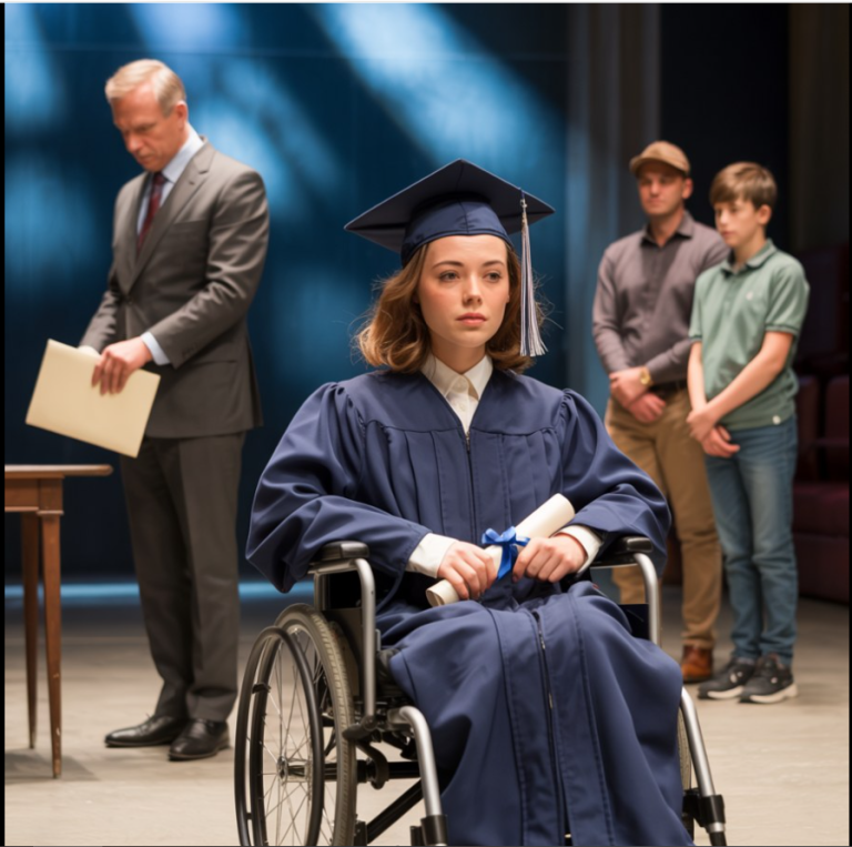 Ella se graduó con honores, sola, en una silla de ruedas, mientras su padre, un magnate poderoso, le dejaba un sobre y se marchaba sin mirarla. DIUY