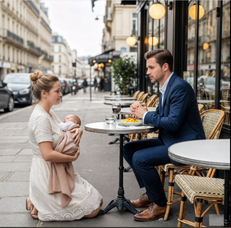 Elle s’agenouilla auprès de sa table installée sur le trottoir, berçant son bébé. « S’il vous plaît, je ne veux pas de votre argent — juste un instant de votre temps. » L’homme en costume leva les yeux de son verre de vin, sans se douter que ses paroles allaient bouleverser tout ce qu’il croyait savoir.