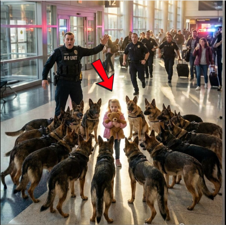 Catorce perros policía entrenados de repente formaron un círculo cerrado alrededor de una niña pequeña dentro de la concurrida terminal del aeropuerto, provocando jadeos entre los presentes… pero lo que ocurrió momentos después dejó a viajeros, agentes y testigos completamente conmocionados, emocionados e incapaces de creer la inesperada razón detrás de la escena.