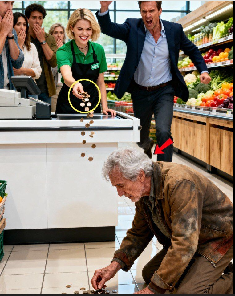 « RAMASSEZ-LES, MENDIANT ! » — La caissière balaie les pièces au sol et force un vieil homme sans-abri à les ramasser… sans savoir que le PDG se tenait juste derrière elle. Ce qui suivit la laissa sans voix.