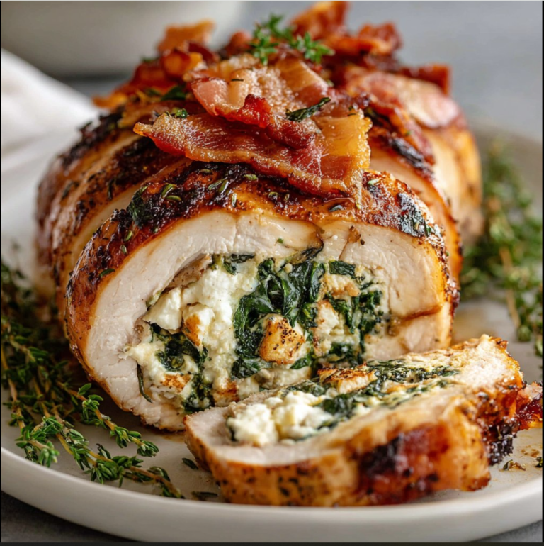 Chicken Ballotine with Spinach, Feta and Crispy Bacon