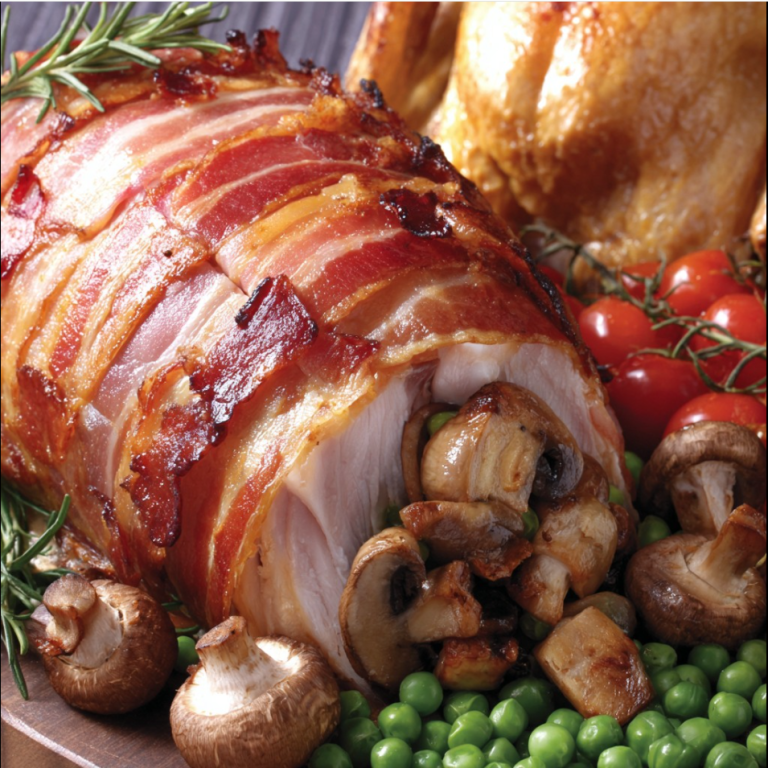 Stuffed Turkey Roast with Mushrooms, Peas and Crispy Bacon