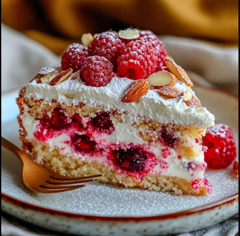 Raspberry Yogurt Cake with Light Cream and Almonds