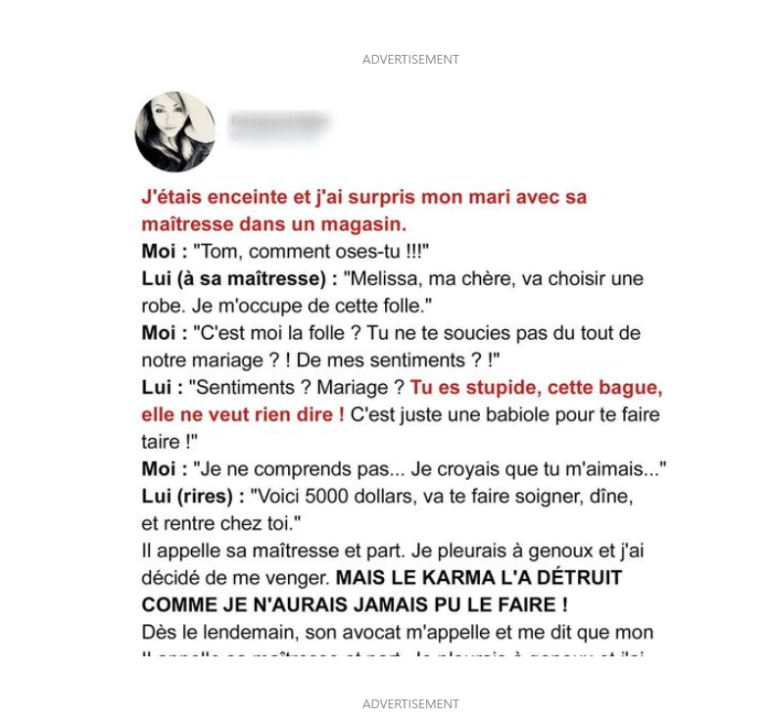 Un homme quitte sa femme gravement malade pour sa maîtresse, en voulant récupérer l’héritage, il fait une étonnante découverte