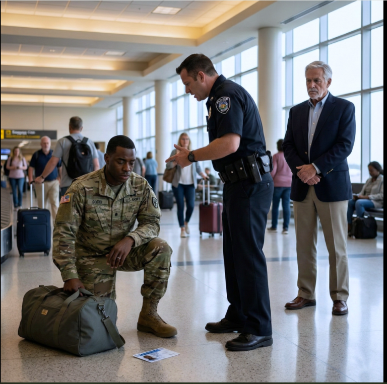Des policiers humilient un soldat de retour au pays à l'aéroport, ignorant que son général se trouve juste derrière eux.