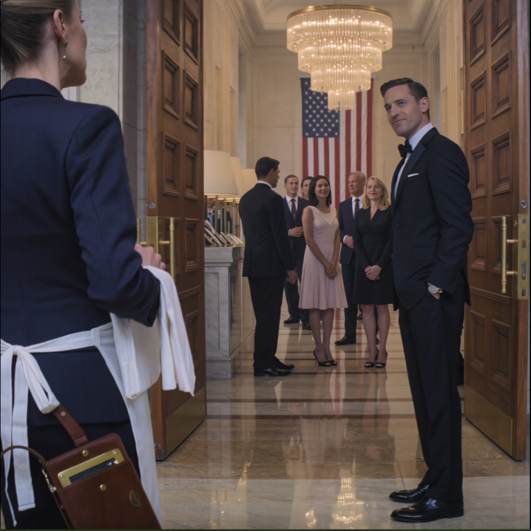 Lors de la réception organisée par la faculté de droit de mon fils dans un club prestigieux, on m'a traînée vers la cuisine : « Le traiteur, par ici ! » Ma main avait déjà effleuré mes accréditations de juge fédéral… mais le père de sa petite amie a ricané : « Ne laissez pas cette femme de ménage approcher les associés. » J'ai simplement noué mon tablier, versé du champagne et écouté leur conversation interminable – puis un invité important est entré… et un silence de mort s'est abattu sur la salle.