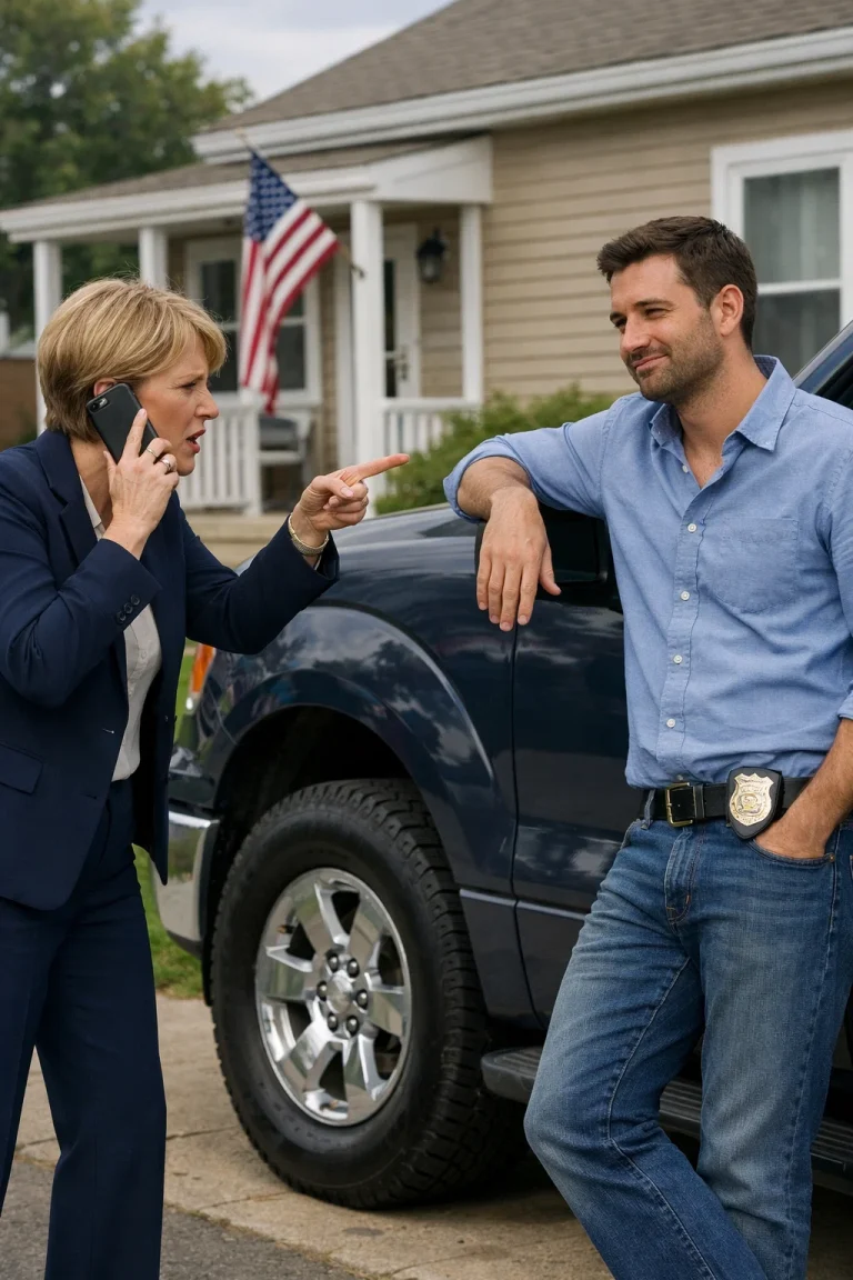 Je suis sortie sur le perron avec une tasse de café fumante, et j'ai surpris la présidente de notre association de copropriétaires penchée sur mon camion comme si elle en était propriétaire, en train d'enfoncer une « clé passe-partout » brillante dans la portière conducteur, dans ma propre allée. Quand elle n'a pas tourné, elle a poussé un cri d'effroi comme si elle avait découvert une scène de crime… et a composé le 911 sans ciller.